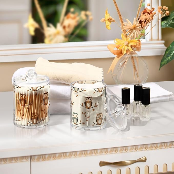 4 Pack Qtip Holder Dispenser Owl Forest Little Animal Cotton Ball Cotton Swab Round Pads Floss Clear Bathroom Storage Containers Plastic Apothecary Jars with Lids