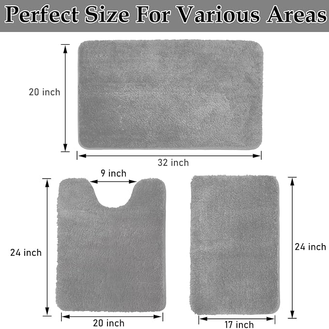 Ultra Soft Microfiber Bathroom Rug Set 3 Pieces - Non Slip Quick Dry Bath Mats for Bathroom Floor, Absorbent Shower Rugs with 20x32"/17x24"/20x24", Machine Washable Bath Rugs for Tub, Shower, Vanity