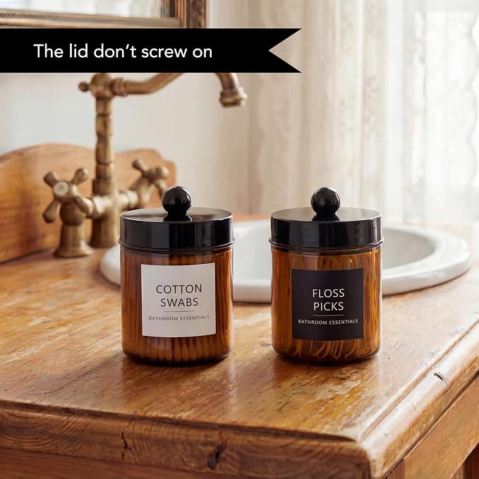 Amolliar Amber Glass Apothecary Jars Qtip Holder w/Plastic Lids,Black 2pc | for Bathroom Vanity Storage, Countertop, Farmhouse Style, Holds Cotton Swabs, Dental Floss, Makeup Sponges