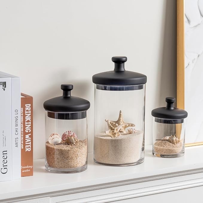 MyGift Glass Apothecary Jars with Black Lids, Set of 3 Storage Canisters | Decorative glass apothecary jars with black lids provide stylish storage for kitchens, bathrooms, candy buffets, and events