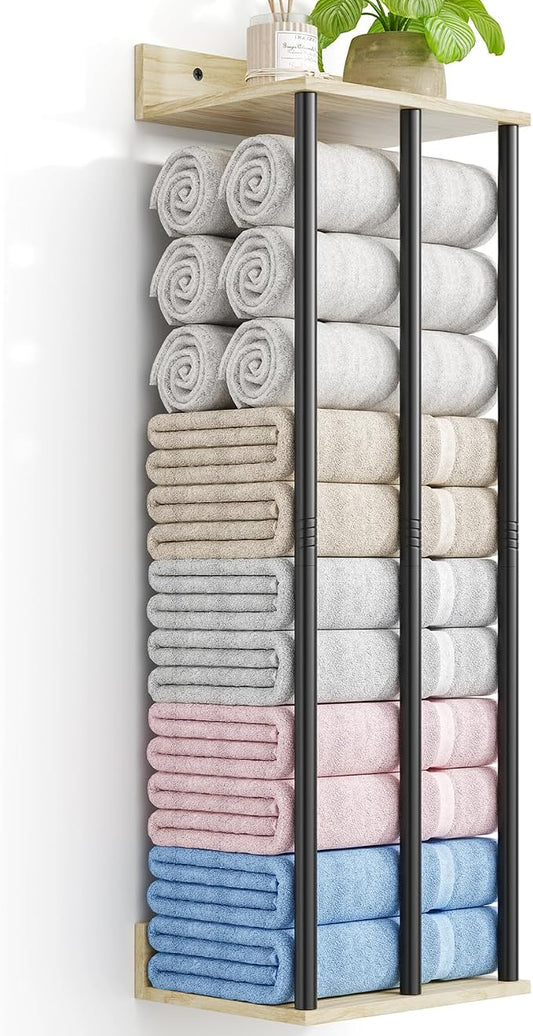 Towel Racks for Bathroom Wall Mounted, 3 Bar Wall Towel Rack | Metal Towel Holder with Wooden Shelf, Sturdy and Large Capacity, Towel Storage Organizer for Rolled Towels