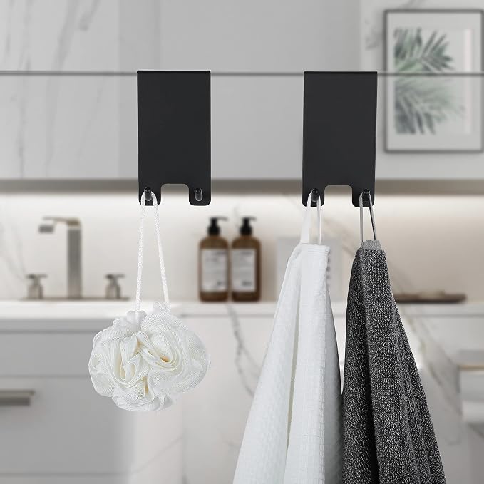 Taozun Shower Door Hooks - Towel Hooks for Bathroom Frameless Glass, Squeegee Hook, Over Glass Hook - Black Stainless Steel 2 Pack