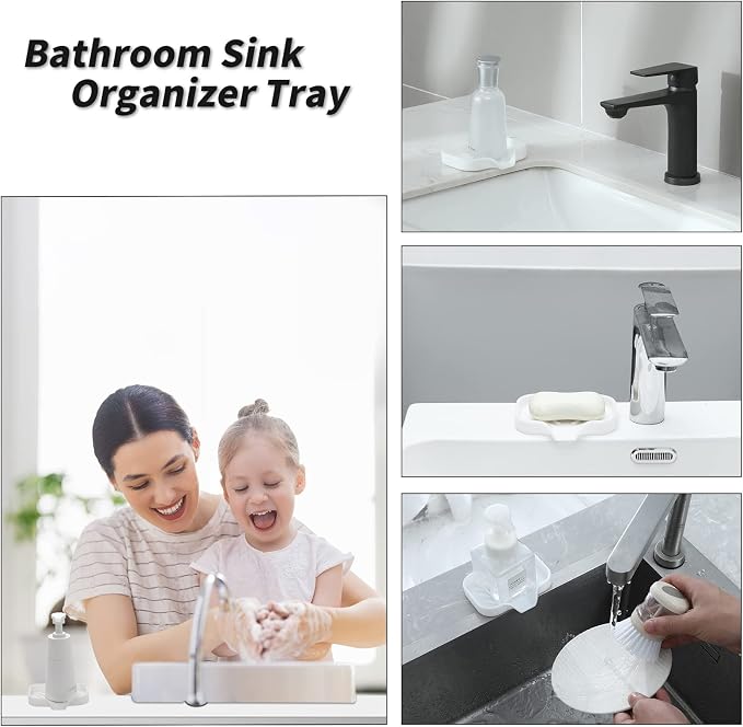 MicoYang Silicone Soap Dish with Drain Spout, Self-Draining Sink Organizer Tray for Bathroom and Kitchen, Sponges, Dispensers and Soap Holder, Non-Slip and Dishwasher Safe, White (Compact, 4.9"×3.2")