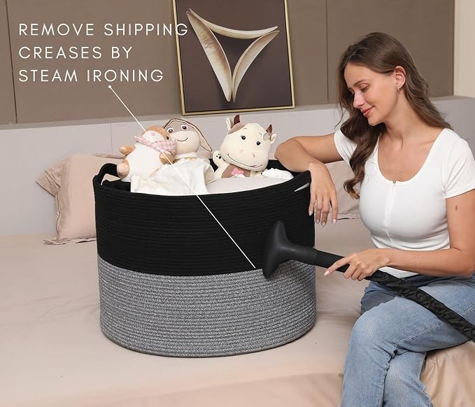 Cottonphant 24" x 24" x 17" Max Size Large Cotton Rope Basket, Extra Large Storage Basket, Woven Laundry Hamper, Cloth Storage Bin, for Blankets Clothes Towels Pillows in Living Room, Black/Grey Mix