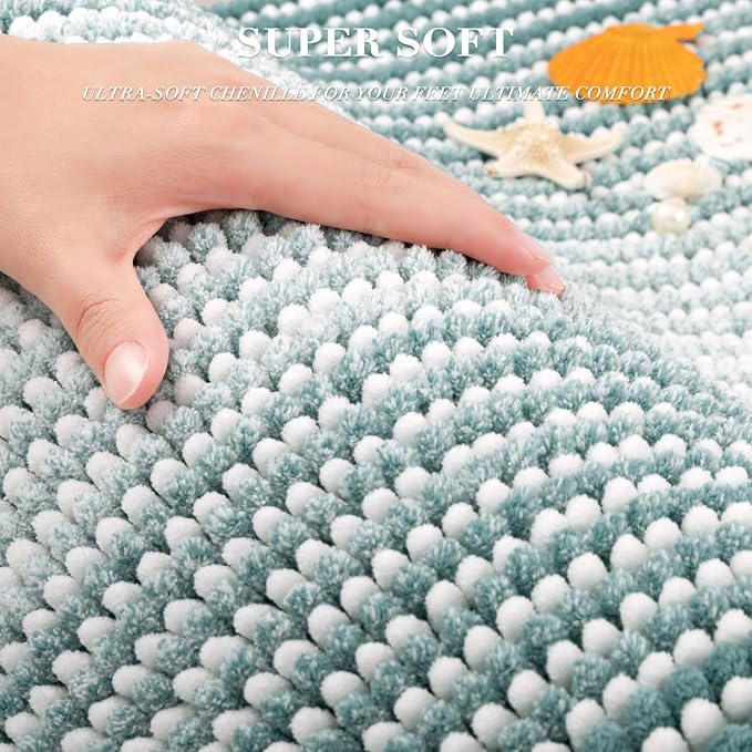 Bathroom Rugs Sets 2 Piece, Non Slip Striped Bath Mats, Sea Green | 20"x47" Plus 16"x24", Soft Absorbent Chenille, Quick Dry Machine Washable, Shower Rug for Bathroom Floor, Tub, Bedroom Decor
