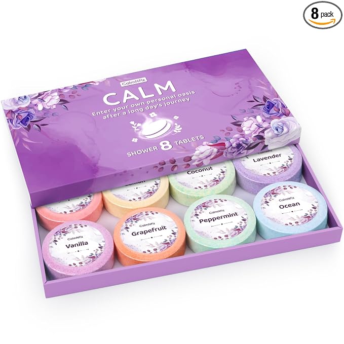 CalmNFiz Shower Steamers Aromatherapy Self Care Gifts 8 Pack Set, Purple | Birthday Gifts for Women, Mom, Wife, Friend, Teacher, Shower Bombs Essential Oil Tablets 8 Fragrances, Self-Care Relaxation