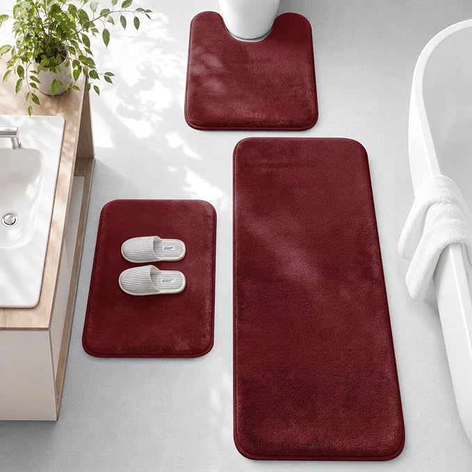 HUXMEYSON 3-Piece Memory Foam Bathroom Rug Set, Red | Quick Dry Velvet Surface, Non-Slip & PVC Backing, Ultra Soft Bath Rugs for Bathroom, 17"x24"+20"x48"+U Shape 20"x24"