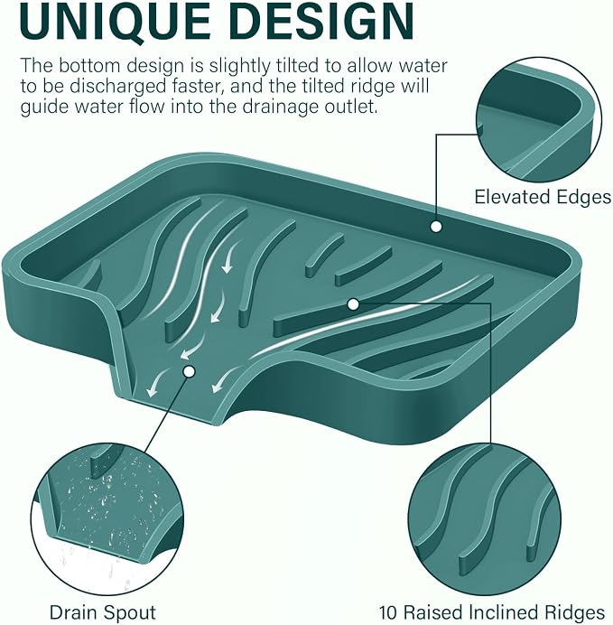 Silicone Soap Dish with Drain, SAISN Kitchen Soap Tray for Shower 2 Pack Self Draining Soap Dish Soft Bathroom Soap Holder for Kitchen Sink Flexible Portable Soap Saver, Green