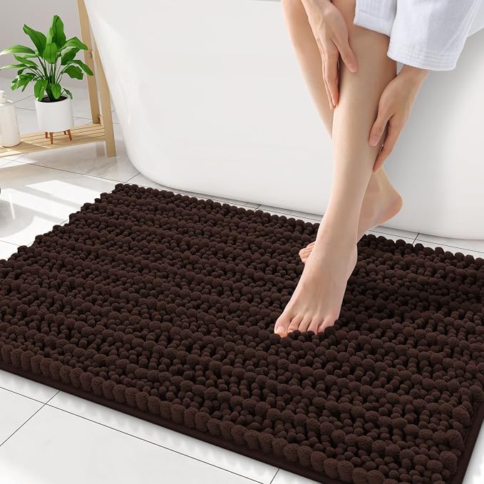 Smiry Bathroom Rugs 34X21, Extra Soft Rubber Backing Chenille Bath Mats | Brown Machine Washable Non Slip Quick Dry Bath Mats for Bathroom Floor, Tub, Shower, Home Decor Accessories