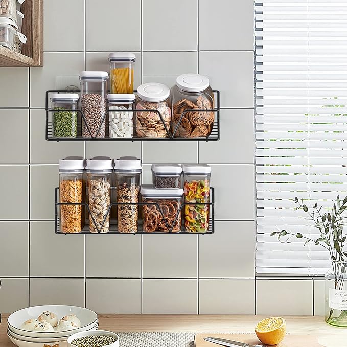 Shower Caddy Organizer Shelf with Paper Towel Holder, Adhesive Black Bathroom Storage Basket with Hooks, Rustproof Stainless Steel Kitchen Spice Racks, No Drilling Wall Mount, 3 Pack