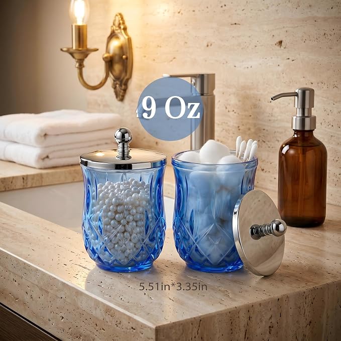 2 Pack Glass Qtip Holder Dispenser Set, Round Bathroom Apothecary Jars with Silver Lid for Cotton Swabs, Balls, Pads, Floss Picks, Vanity Storage Container for Makeup, Candy, Jewelry(10 Oz, Blue)