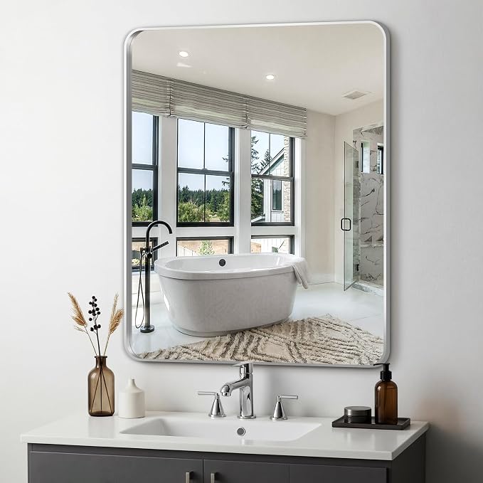 Delma Bathroom Vanity Mirror, Silver Framed Mirror for Over Sink, 36x30 | HD glass, distortion-free for makeup and grooming, Sturdy frame, all mounting hardware, hangs horizontal or vertical