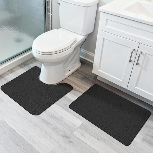 Bosap Bath Mat Set 2 Pieces,Ultra Thin Bathroom Rugs,Rubber Toilet Rugs | Non Slip,Quick Dry,Machine Washable,Low Pile,Absorbent,Shower,Sink,Bathroom Decor.(Black,17"x27" Plus 20"x24"U Shaped)