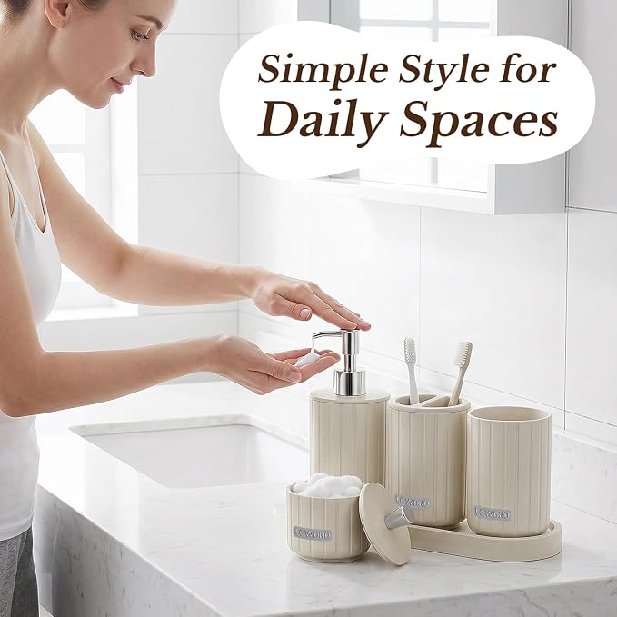 Cream Bathroom Accessory Set 5 Piece with Soap Dispenser, Storage Jar, Bathroom Counter Tray, Toothbrush Holder and Toothbrush Cup, Modern Stone-Effect Bathroom Countertop Decor Bath Sets