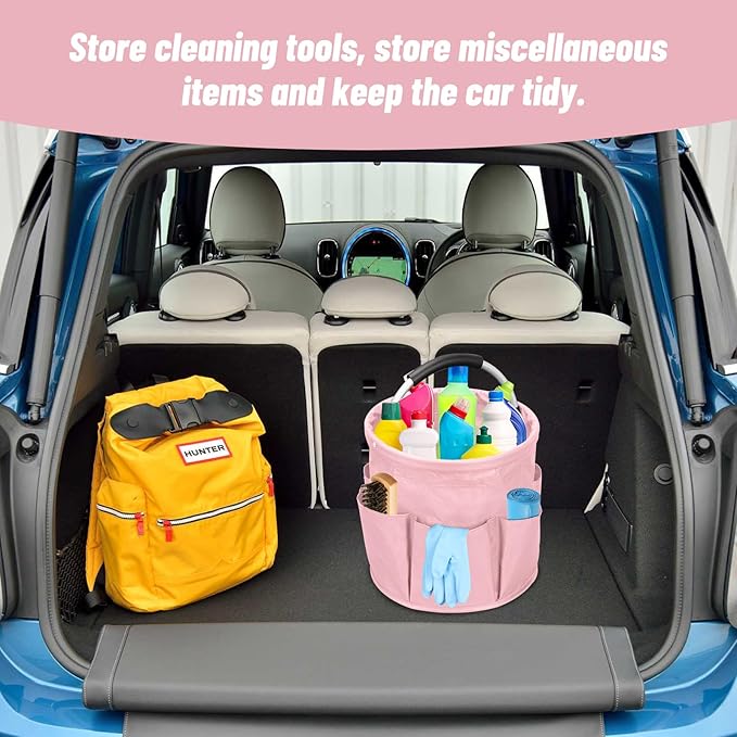 17L Cleaning Caddy with Handle, Foldable Cleaning Supply Caddy with 6 Pockets Cleaning Caddy Bag for Outdoor Camping Garden Harvest Basket Bathroom Storage (Pink)