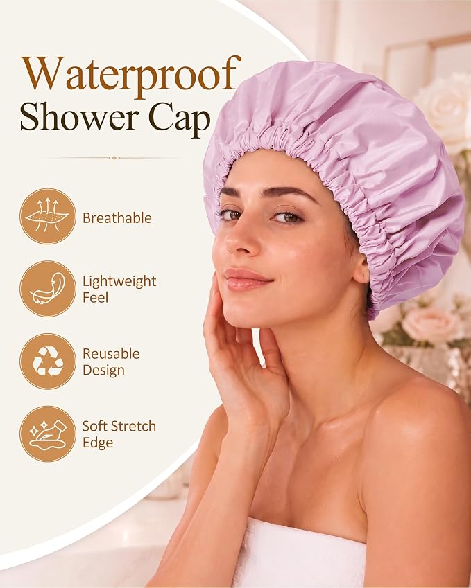 Edoneery Shower Caps for Women Reusable Waterproof, Shower Hair Cap | Washable Bonnet, Wide Elastic Band, Large Fit, Holds Long Hair, Braids Friendly, Bath Accessories, Spa, Travel