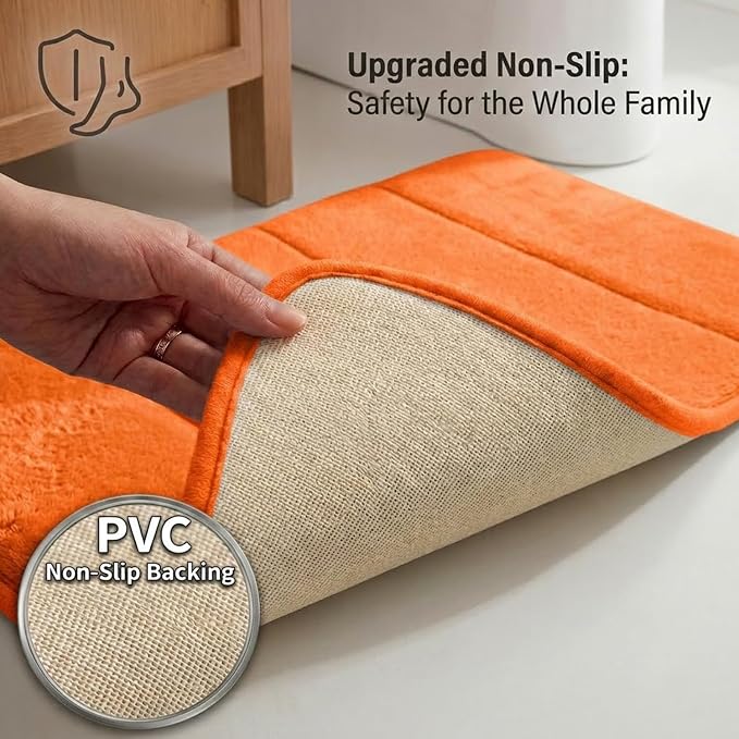 Memory Foam Bathroom Rugs Sets 2 Piece - Super Soft Absorbent Quick Dry Memory Foam Bathroom Rugs, Machine Washable Non Slip Floor Carpet for Tub Shower & Single Sink 16x24 & 20x20,(Orange)