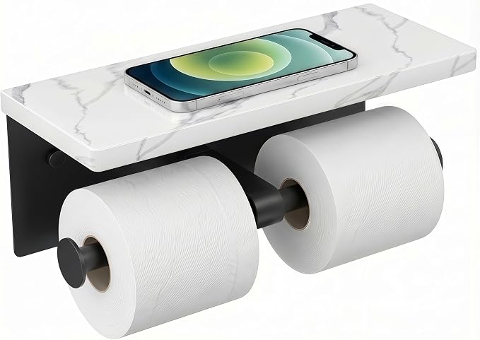 FORIOUS Toilet Paper Holder with Shelf, Marble Wall Mount Tissue Roll Holder for Bathroom, Washroom, 304 Stainless Steel Double Commercial Toilet Tissue Dispensers with Phone Shelf, Matte Black