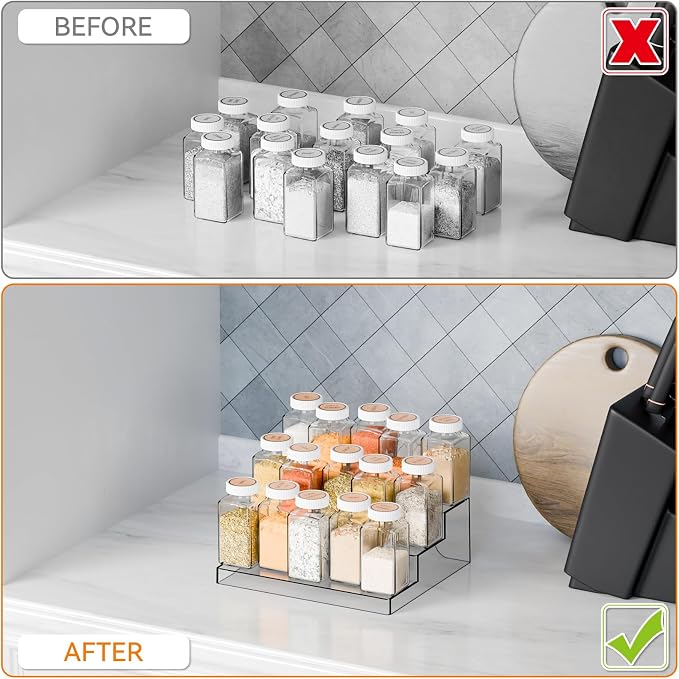 Yieach 3 Tier Clear Acrylic Spice Rack Organizer for Cabinet and Pantry Shelf - 10.3″L x 9.4″W Tiered Spice Rack & Holder,Step Shelves for Vitamin,Medicine Bottle,Jar,Can,Condiment,Seasoning Shelf