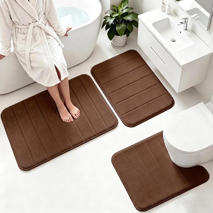 Memory Foam Bath Mat Set 3 Piece，Super Soft Absorbent Bathroom Rug Non Slip, Quick Dry,Machine Wash, Perfect Plush Bathroom Rugs,Home Decor Accessories,Coffee