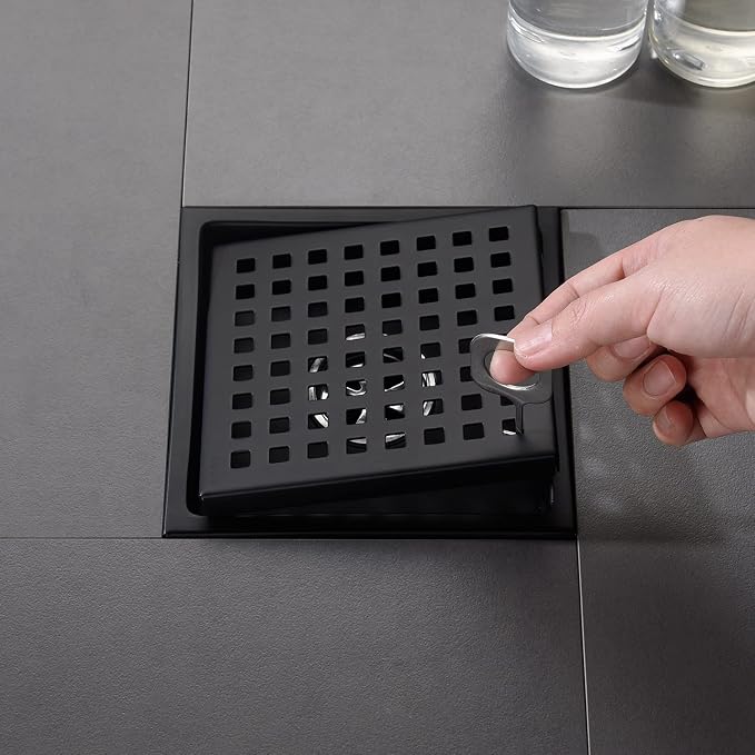 6 Inch Shower Drain Brushed Nickel Square with Adjustable Shower Drain Base Flange SUS304 Stainless Steel Floor Drain Cover Removable Mesh Grille