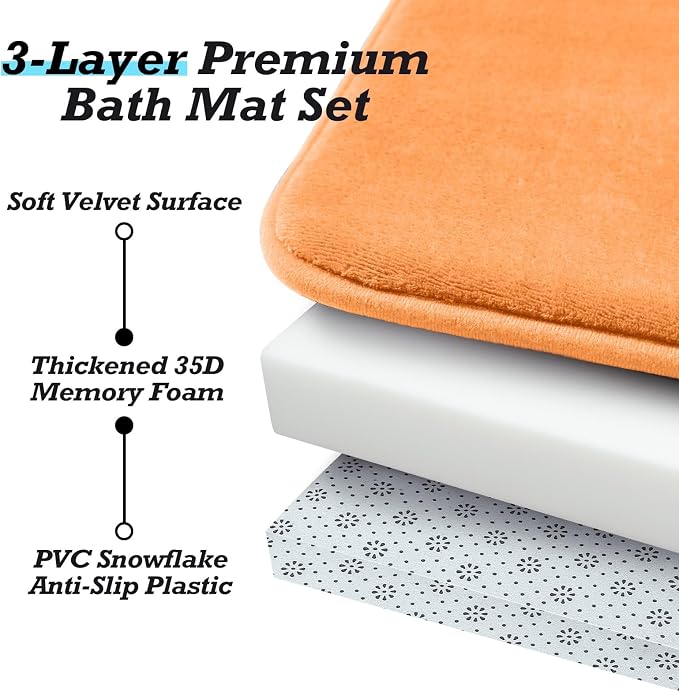 Bathroom Rugs Sets 2 Piece, Non-Slip & Quick Dry Bath Mat Set, Ultra Soft Velvet Bath Rugs for Bathroom, Toilet and Shower Floor, Orange