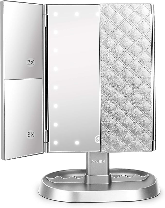 deweisn Trifold Lighted Vanity Makeup Mirror with 21 LED Lights,1/2/3 Magnification and Dimming,Two Power Supplies Makeup Mirror,Gift for Women