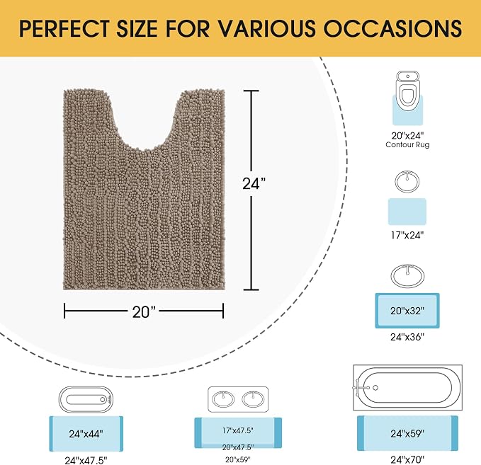 ACCUMTEK Upgrade Luxury Dark Beige Toilet Bathroom Rug Mat 24" x 20" Contour Rug, Ultra Soft Thick Absorbent Bath Mats, Non Slip Chenille Toilet Mat for Bathroom, Bedroom, Kitchen, Shower, Tub, Taupe