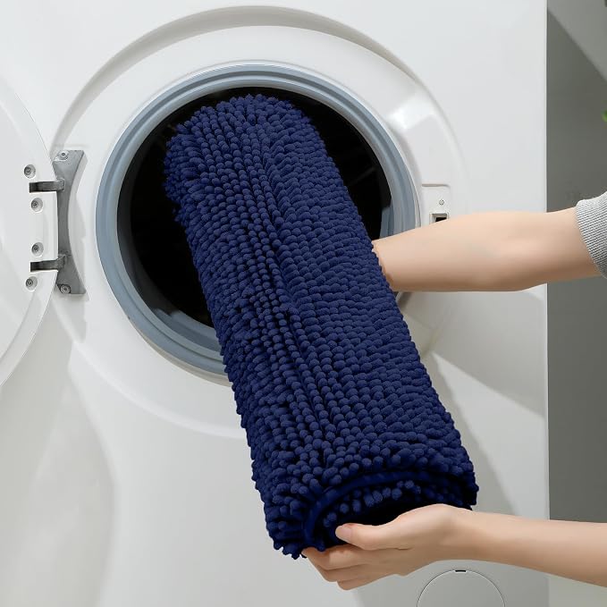 HOMEIDEAS Navy Blue Long Chenille Bathroom Rugs Set of 3, Non Slip Bath Mat | Super Absorbent, Soft Microfiber, Machine Washable, Stain Resistant, for Bathroom Decor