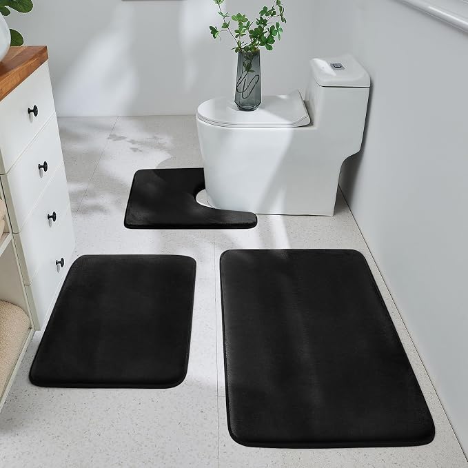 HUXMEYSON 3-Piece Memory Foam Bathroom Rug Set, Black | Quick Dry Velvet Surface, Non-Slip & PVC Backing, Ultra Soft Bath Rugs for Bathroom, 17"x24"+20"x32"+U Shape 20"x24"