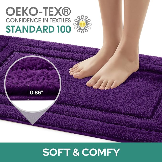 HOMEIDEAS Purple Bathroom Rugs Set of 3, Non Slip Bath Mats | Super Absorbent, Plush Microfiber, Machine Washable, Stain Resistant, Easy Care, Perfect for Modern Bathroom Decor