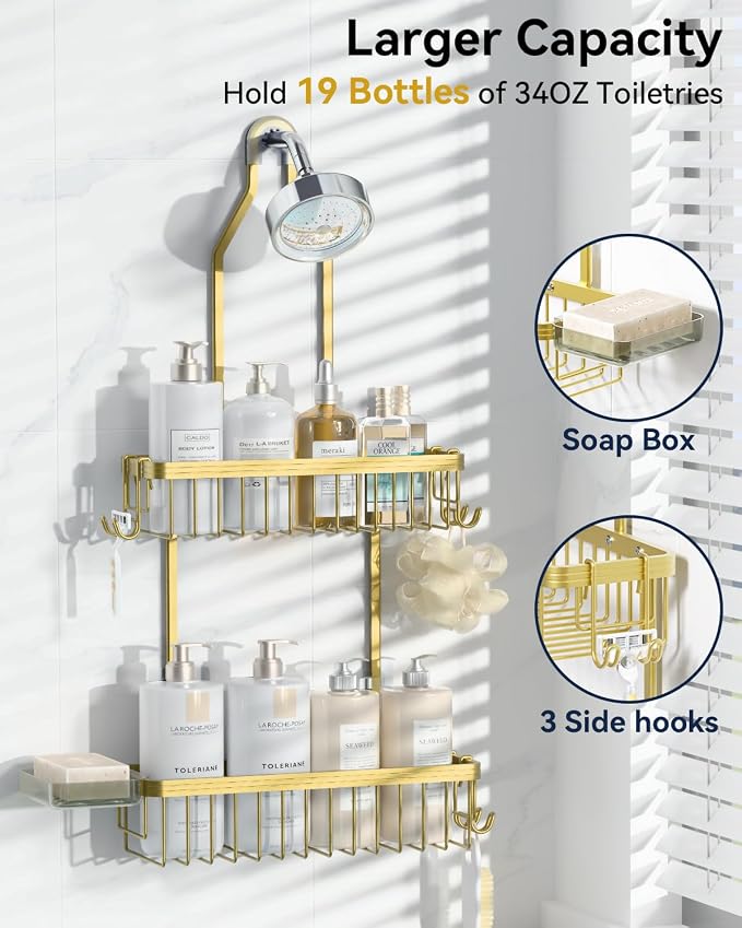 Never Rust Shower Caddy Hanging, Aluminum Shower Racks for Inside Shower, 2-Tier Shower Organizer Hanging Over Shower Head with Hooks and Soap Holder, Gold