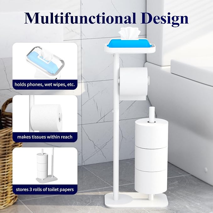 Kitsure Metal Toilet Paper Holder Free Standing, Medium, White | Rustproof Toilet Paper Stand for 4 Rolls, Bathroom Organizers and Storage with Anti-Slip Base and Plastic Shelf