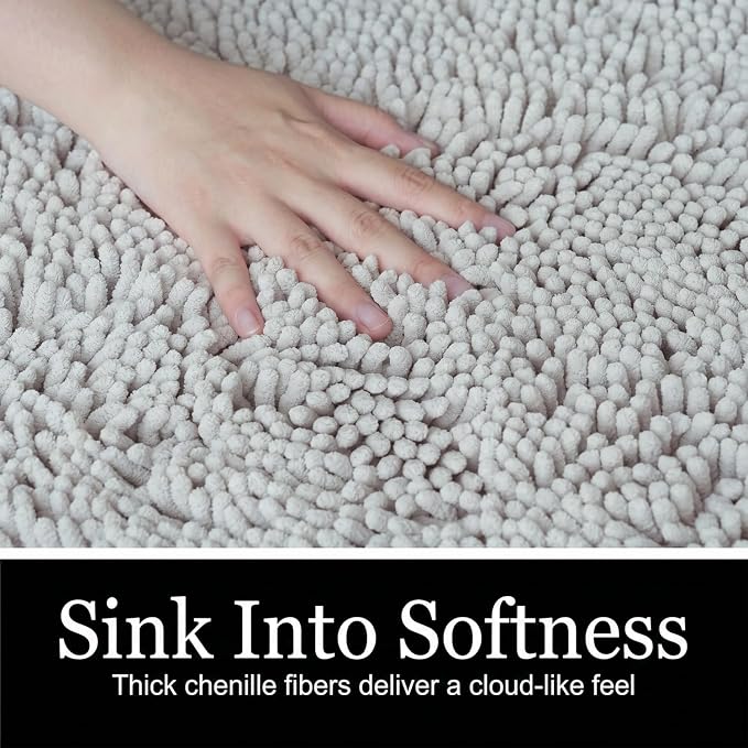 Bathroom Rugs Chenille Bath mat 2 Piece Set, Super Absorbent, Strong PVC Non Slip Backing, Bath mats for Bathroom, Plush Shaggy, Thick, Machine Washable, Bathtub, Toilet.(Light Grey)