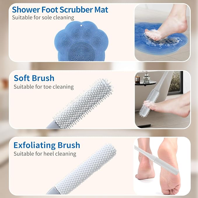 Toe Gap Cleaning Brush with Long Handle and Shower Foot Scrubber Mat, Silicone Toe Gap Cleaning Brush Cleans Your Feet Without Bending for Seniors, Men and Women