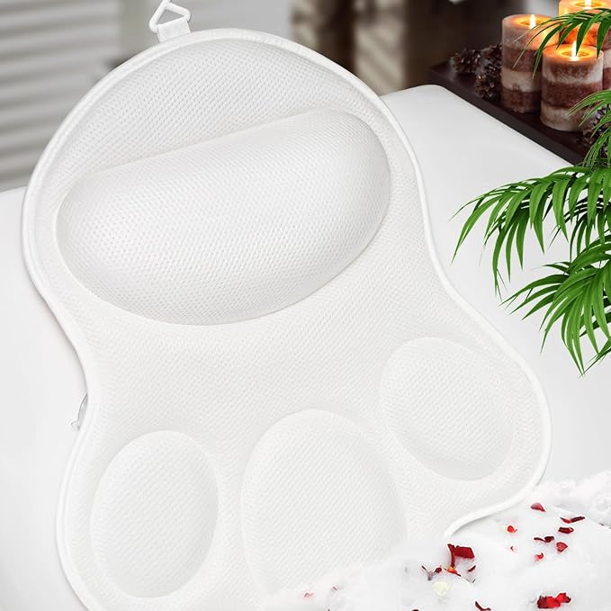 Bath Pillows for Tub Neck and Back Support - Upgraded Non-Slip Rubber Backing & 6 Suction Cups, 4D Air Mesh Spa Bathtub Cushion for Head Rest, Machine Washable with Laundry Bag & Hook(White)