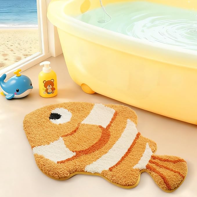 LUMI Cute Animal Bathroom Rugs, Plush Absorbent Bath Mats for Bathroom, Non-Slip Backing Washable Bath Mat, Ideal for Shower Sink Bathtub Room Decor, 20"x35", Clownfish