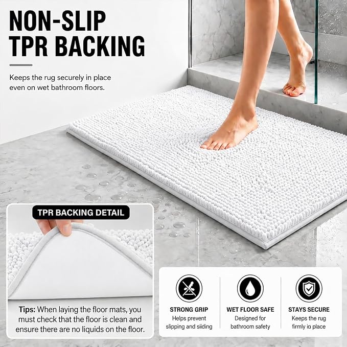 Bathroom Rugs Sets 2 Piece,Super Absorbent Soft,Thick,Machine Washable Chenille Bath Mat,Non Slip Toilet Floor Rug,Bath Mats for Bathroom,20x32 Plus 20x20 U Shape,White