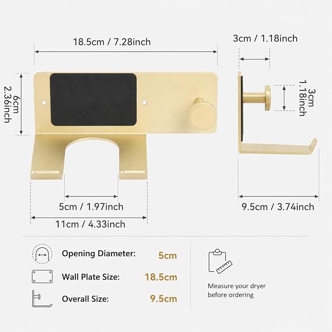 BVL Brushed Gold Hair Dryer Holder Wall Mount, Aluminum Blow Dryer Rack with Anti-Scratch Pad, Adhesive Pad & Screws Included, Renter Friendly Bathroom Organizer