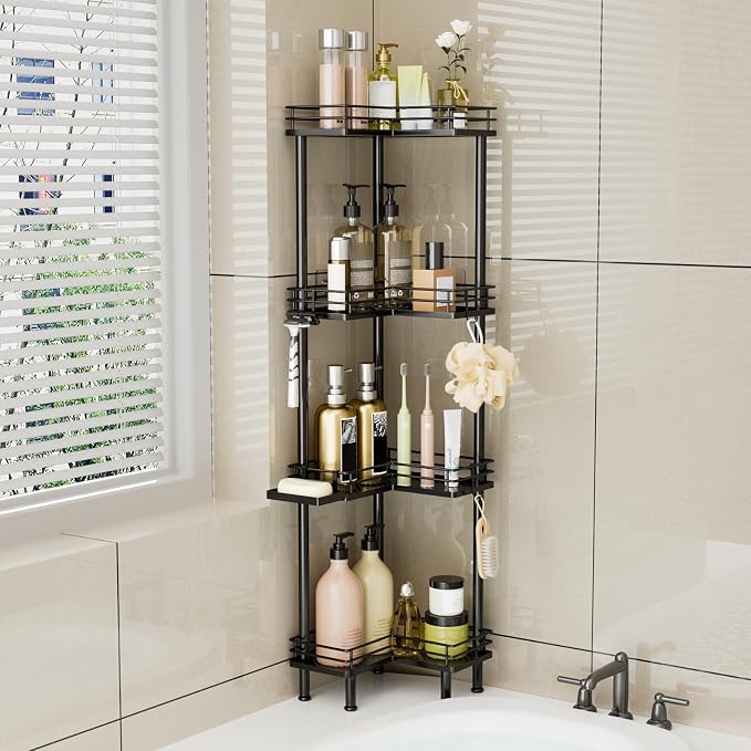 Consumest Corner Shower Caddy Standing - 4-Tier Stainless Steel Shower Organizer with Soap Holder and 4 Hooks, Large Capacity Corner Shelf Stand for Bathroom, Rest Room, Black