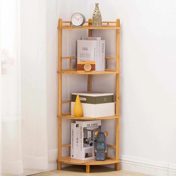 4-Tier Expandable Bamboo Corner Shelf Stand,Corner Bookshelf, Display Storage Shelves with Open Shelves, for Organization and Storage, Living Room, Home Office, Garage (Natural, 4-Tier WithRail)