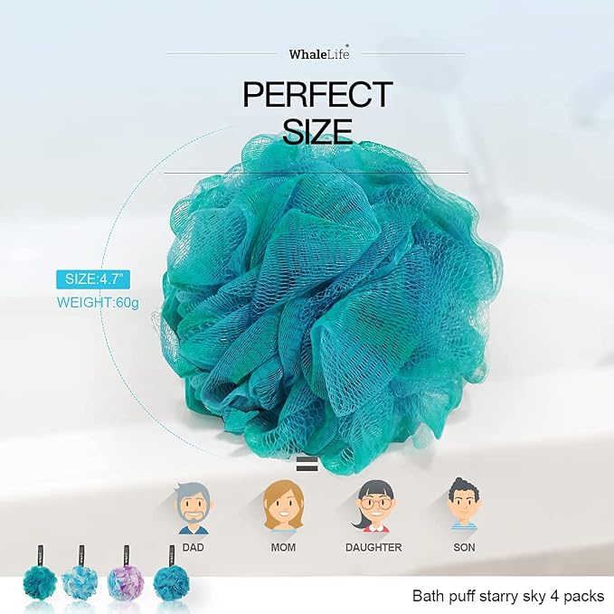 Loofah Sponge Bath Sponge for Women Men 4 Pack (Blue Conbine) | 10X Suds Save Body Wash Double Knotted Anti Tear Core Fast Dry Cotton Loop Stay Fresh Large Mesh for Sensitive Skin