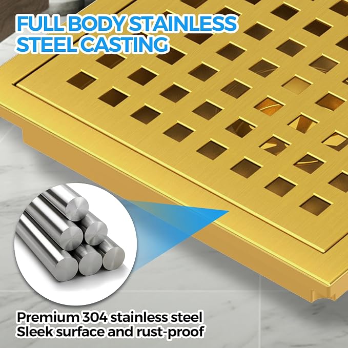 zaa 6 Inch Square Shower Drain, Bathroom Floor Drain, 304 Stainless Steel Shower Floor Drain Kit with Flange, Removable Shower Drain Grate with Hair Strainer, Gold