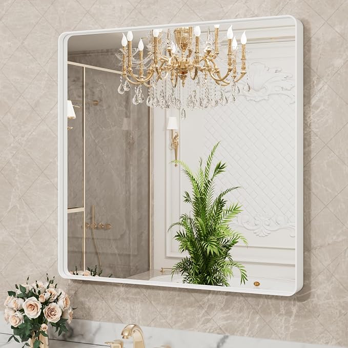 LOAAO 38x38 Inch White Metal Framed Bathroom Mirror | Rounded Rectangle, Anti-Rust, Tempered Glass, Hangs Horizontally or Vertically