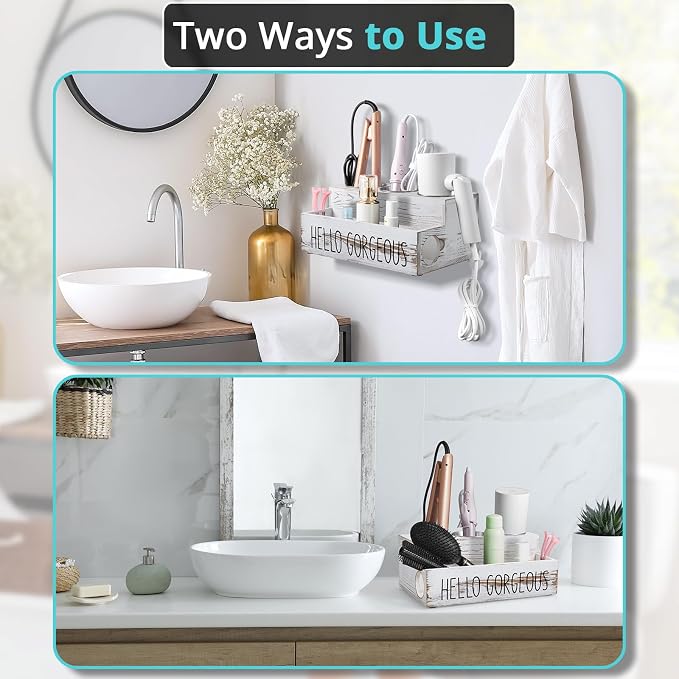 Bivvclaz Hair Tool Organizer, Rustic White Wood Hair Dryer Holder Countertop, Wall Mount Hot Tools Organizer for Hair Styling Accessories, Bathroom Supplies Vanity Caddy for Curling Wand, Blow Dryer