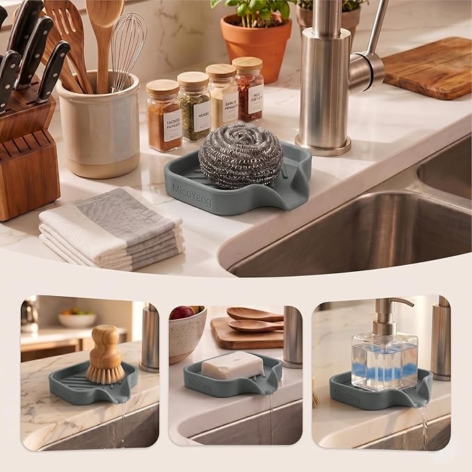 MicoYang Silicone Soap Dish with Drain Spout, Self-Draining Sink Organizer Tray for Bathroom and Kitchen, Sponges, Dispensers and Soap Holder, Non-Slip and Dishwasher Safe, Grey (Compact, 4.9"×3.2")