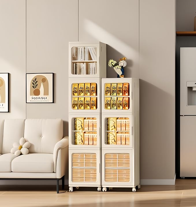 4-Tier Tall Narrow Bathroom Storage Cabinet with Magnetic Doors, Adjustable Shelves, Plastic Slim Bathroom Organizers and Storage Small Spaces Pantry Kitchen Laundry Room Quick Assembly