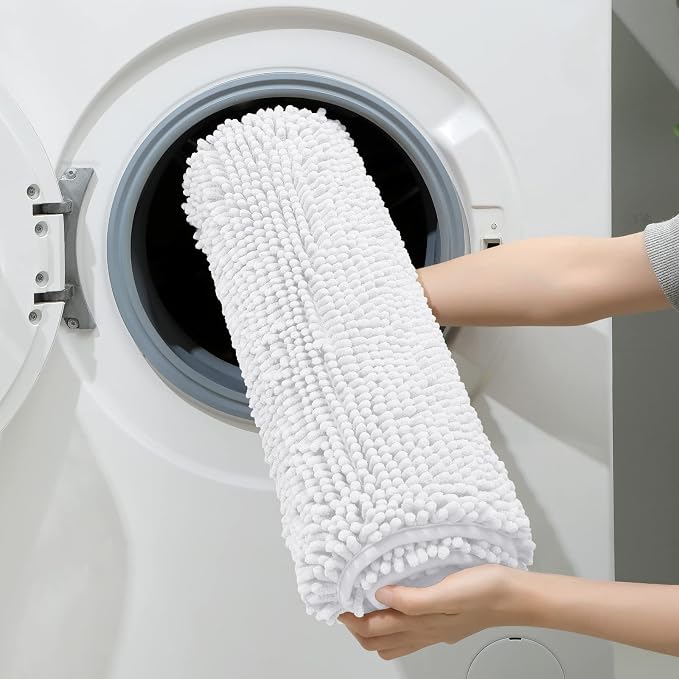 HOMEIDEAS White Chenille Bathroom Rugs Set of 3, Non Slip Bath Mat | Super Absorbent, Soft Microfiber, Machine Washable, Stain Resistant, for Bathroom Decor