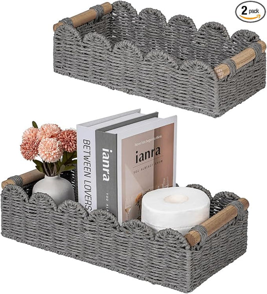 CubesLand Toilet Paper Storage Basket, Scalloped Edge Shelves Basket for Organizing for Over Toilet Tank Storage, Home Decor Baskets for Shelf, Countertop, Living Room, Bedroom, Handwoven, Grey