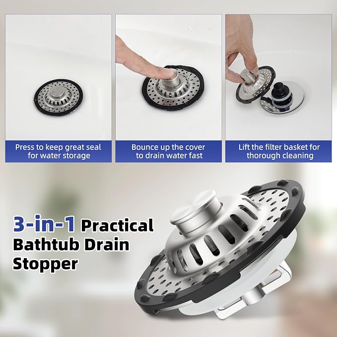 2PCS Universal Metal Bathtub Drain Stopper Top Hair Catcher, Brushed Nickel | Shower Drain Tub Stopper with Stainless Steel Visible Filter Basket, Upgraded 3 in 1 Pop-up Drain Plug for 1.5 to 2.4" Hole